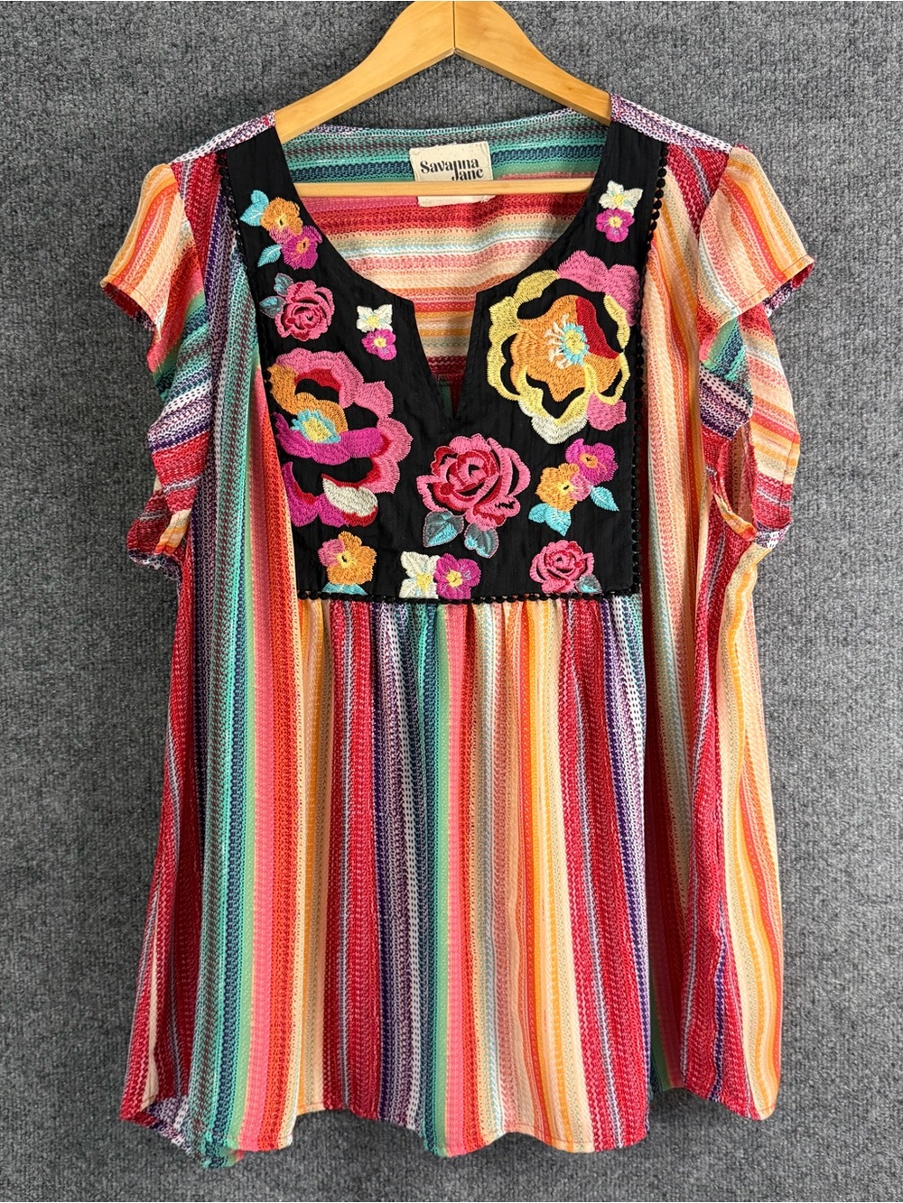 Savanna Jane Womens 2X Embroidered Striped Top Multicolor Flutter Sleeve Boho